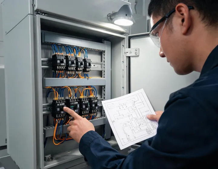 Technician checking Phoenix Contact relay modules in a control cabinet